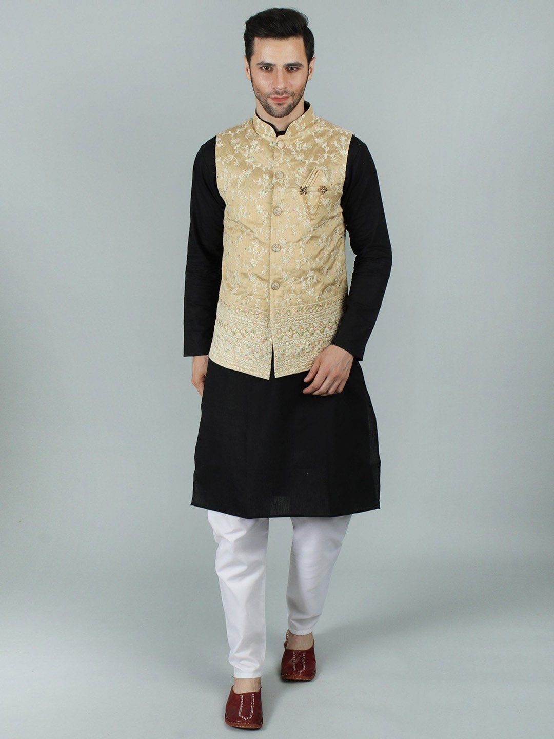 

Exotic India Beige Nehru Jacket Waist Coat with Delicate Thread Embroidery and Sequin Work, Cream