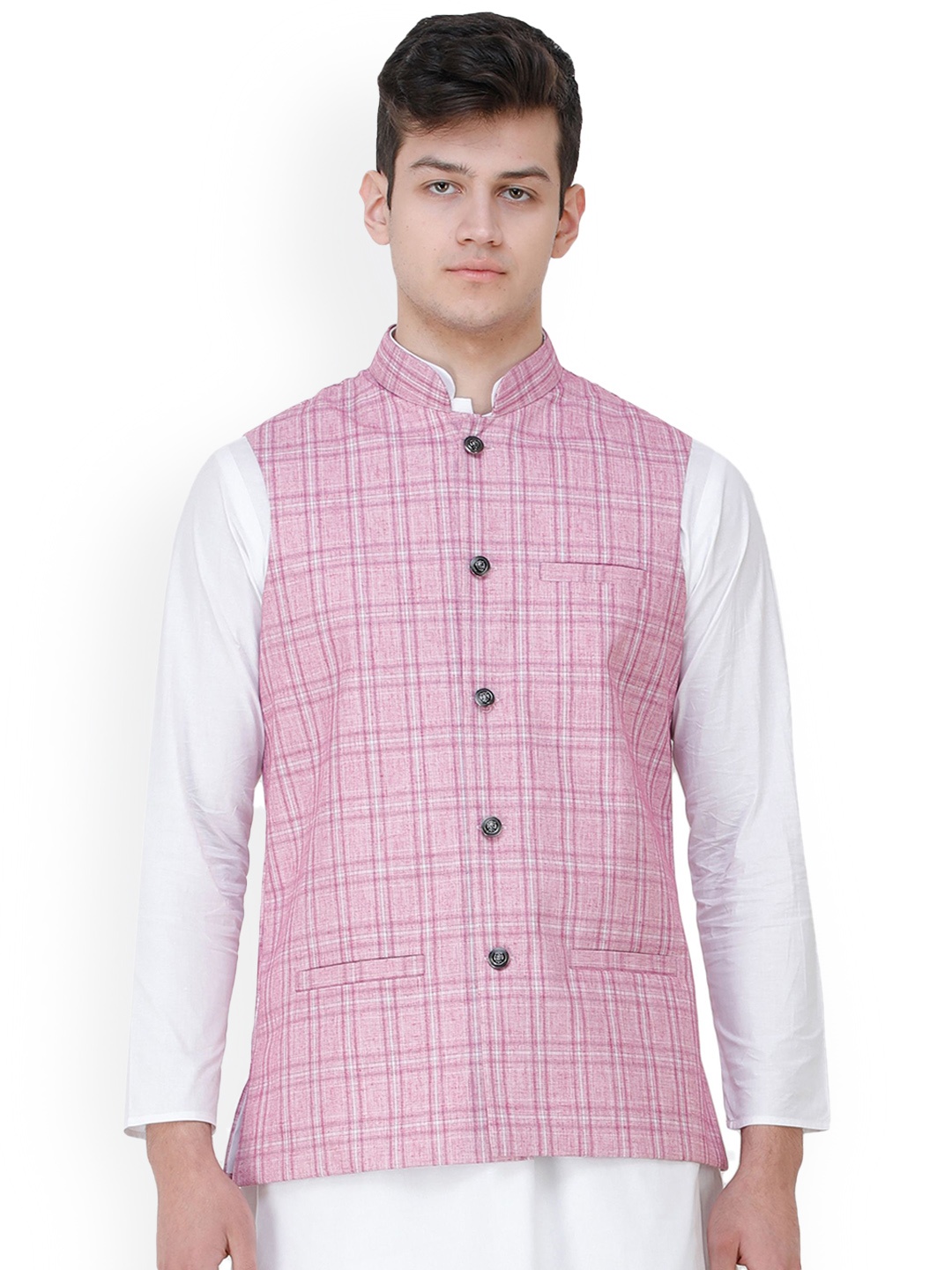 

Exotic India Pastel Lavender Double Check Pattern Nehru Jacket with Front Pockets, Pink