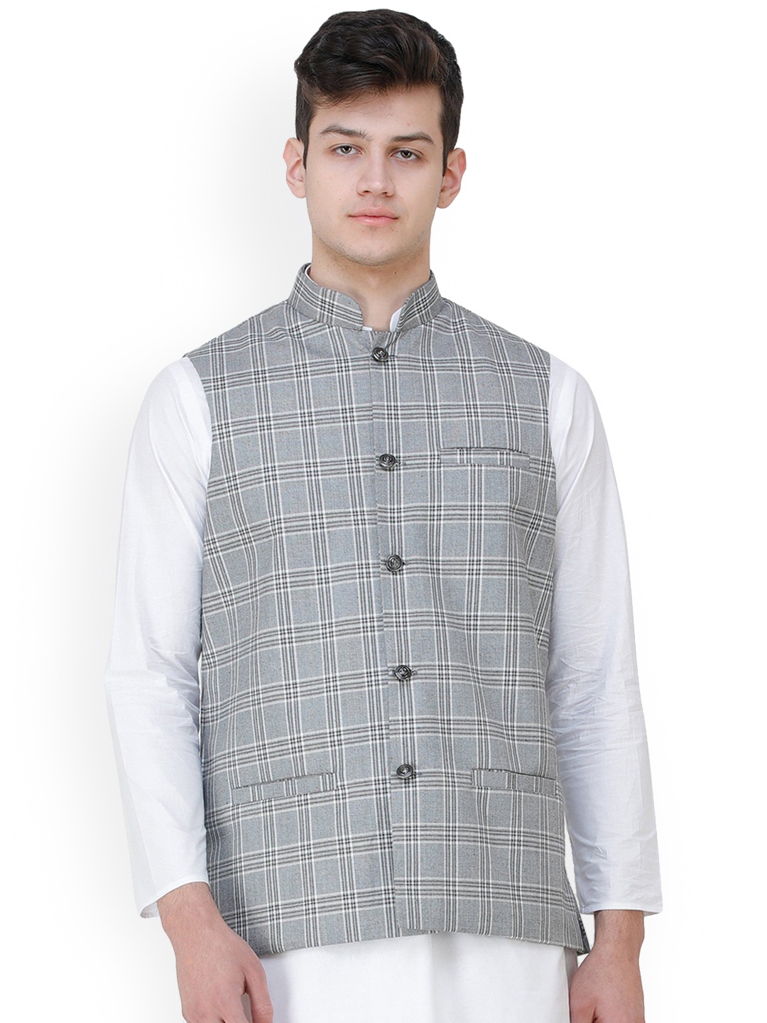 

Exotic India Double Check Pattern Polywool Nehru Jacket with Front Pockets, Grey