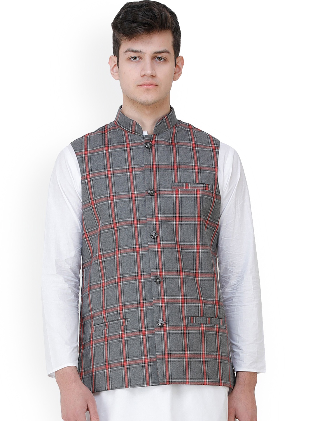

Exotic India Excalibur Double Check Pattern Nehru Jacket with Front Pockets, Grey