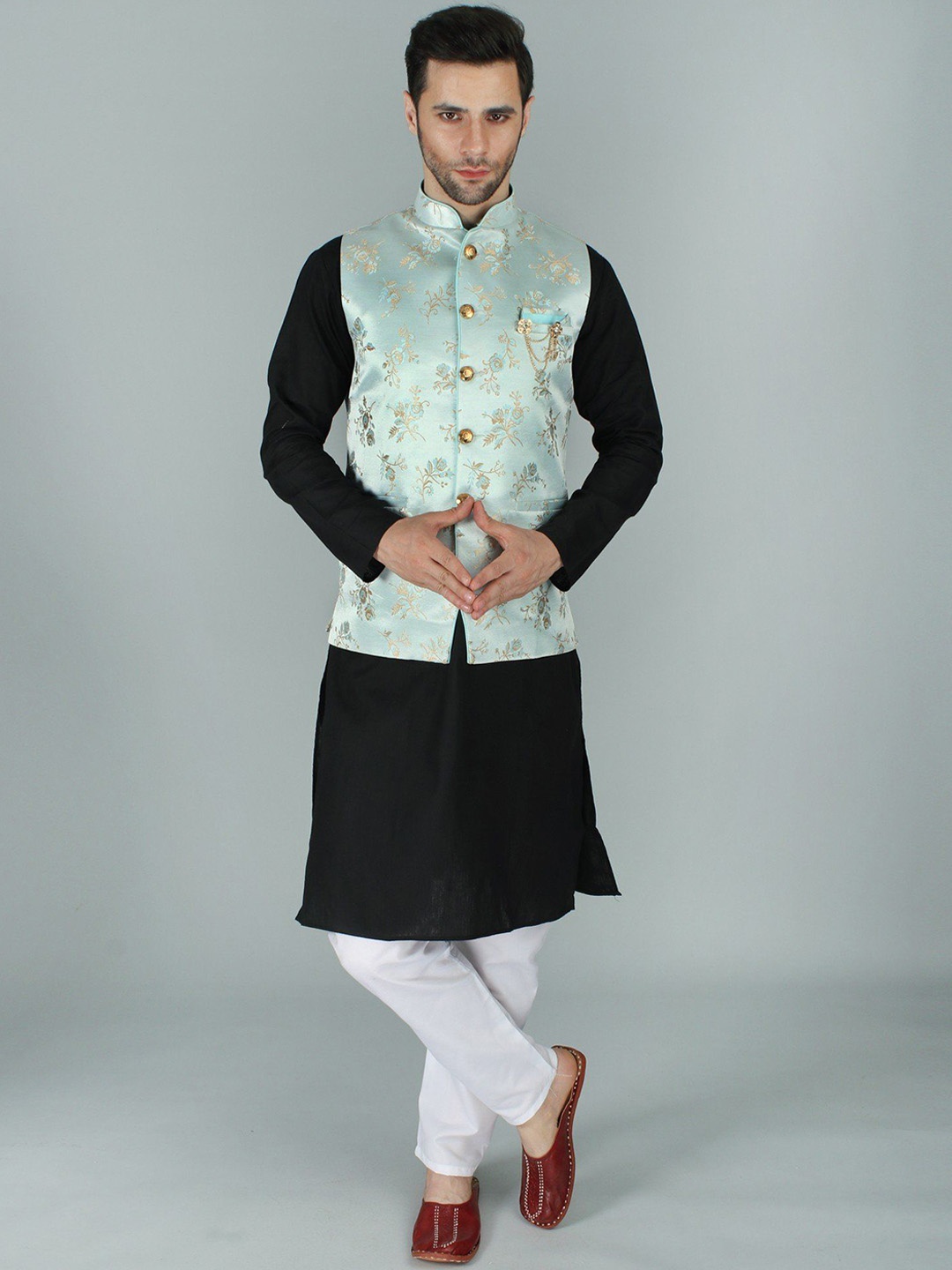 

Exotic India Pastel Blue Ethnic Party Wear Floral Brocade Nehru Jacket Waist Coat
