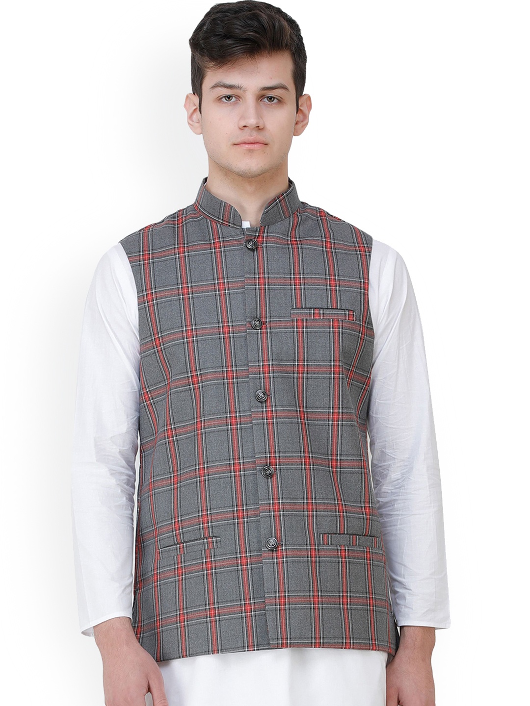 

Exotic India Excalibur Double Check Pattern Nehru Jacket with Front Pockets, Grey