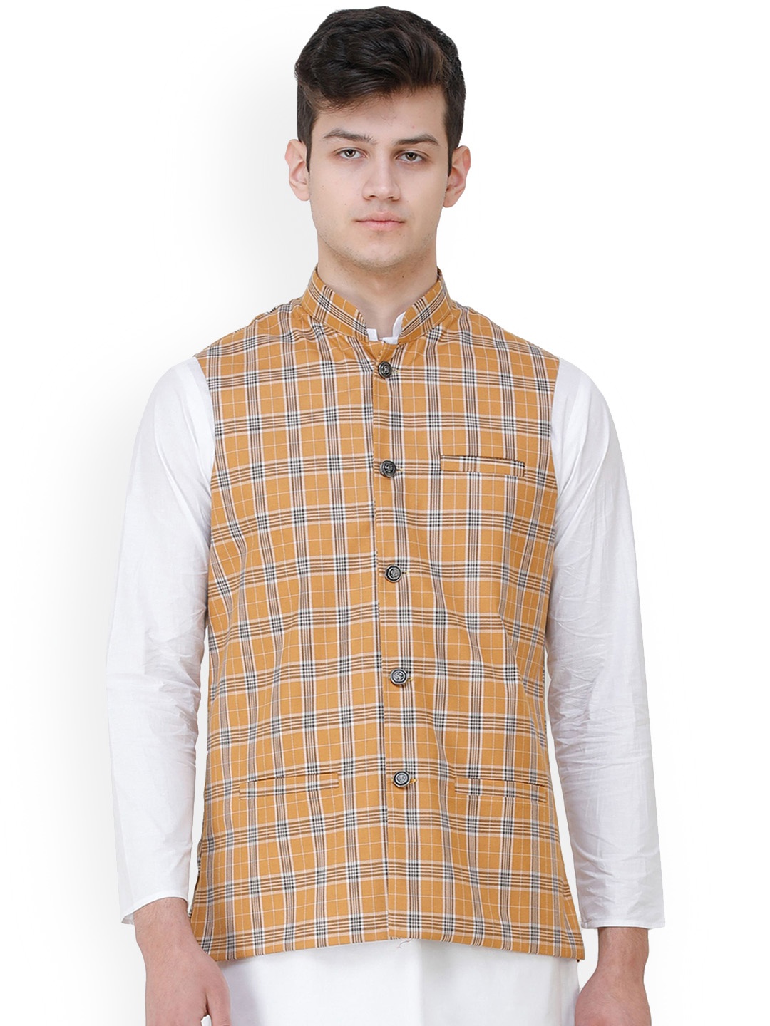 

Exotic India Apple Cinnamon Double Check Pattern Nehru Jacket with Front Pockets, Yellow