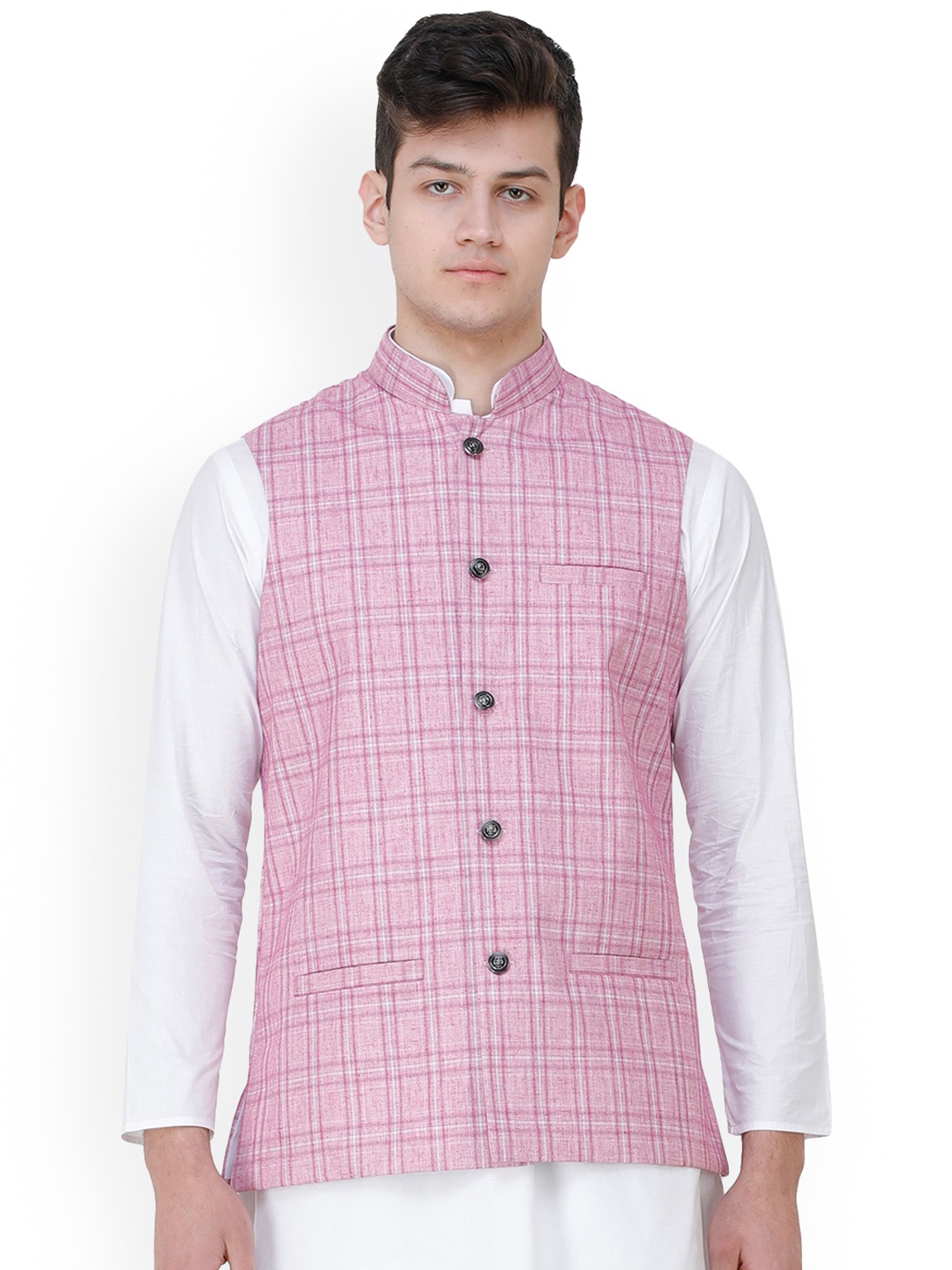 

Exotic India Pastel Lavender Double Check Pattern Nehru Jacket with Front Pockets, Pink