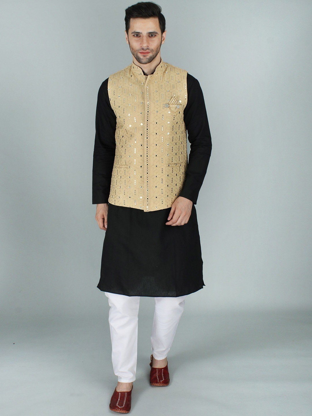 

Exotic India Autumn Blonde Nehru Jacket Waist Coat with Thread-Sequin & Mirror Embroidery, Beige