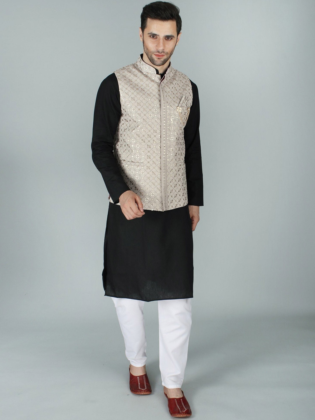 

Exotic India Silver Cloud Kamdani Chikankari Ethnic Georgette Nehru Jacket Waist Coat, Grey