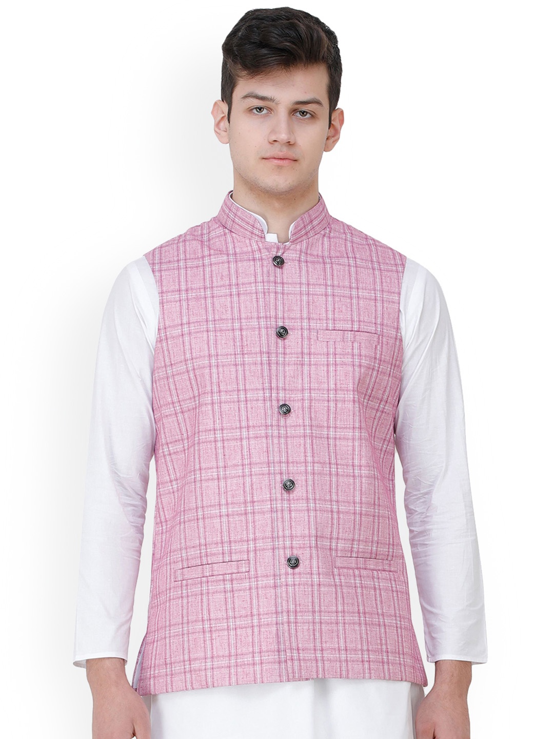 

Exotic India Pastel Lavender Double Check Pattern Nehru Jacket with Front Pockets, Pink