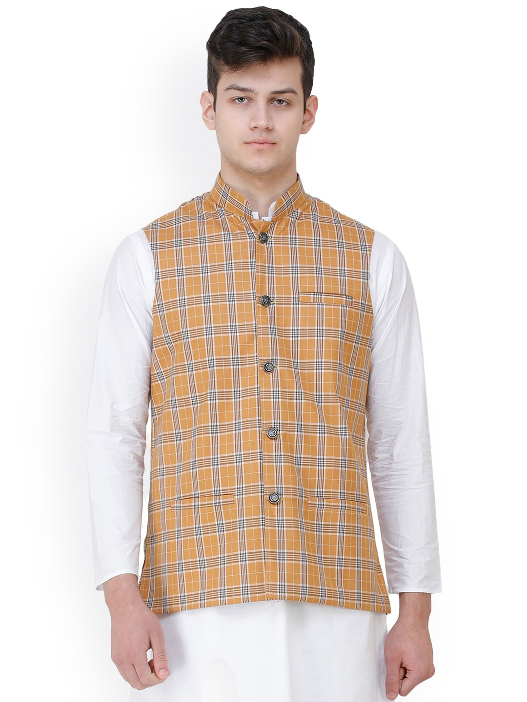 

Exotic India Double Checked Woven Nehru Jacket with Front Pockets, Yellow