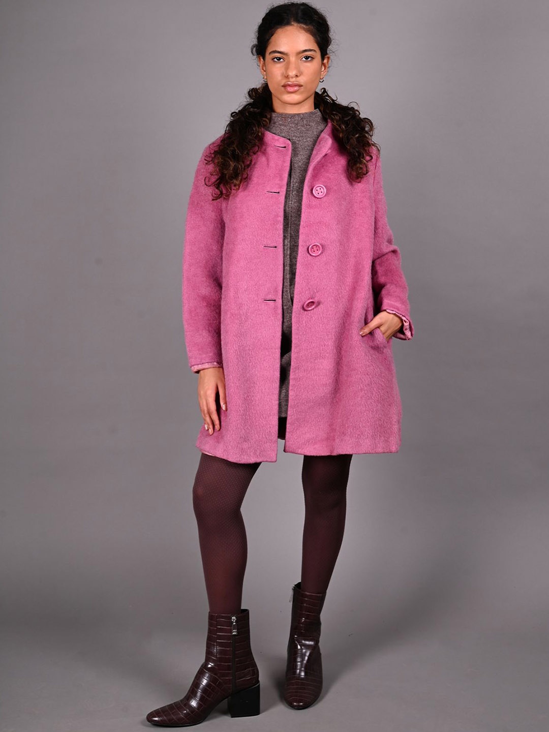 

ODETTE Women Checked Woollen Windcheater and Water Resistant Longline Duster Jacket, Pink