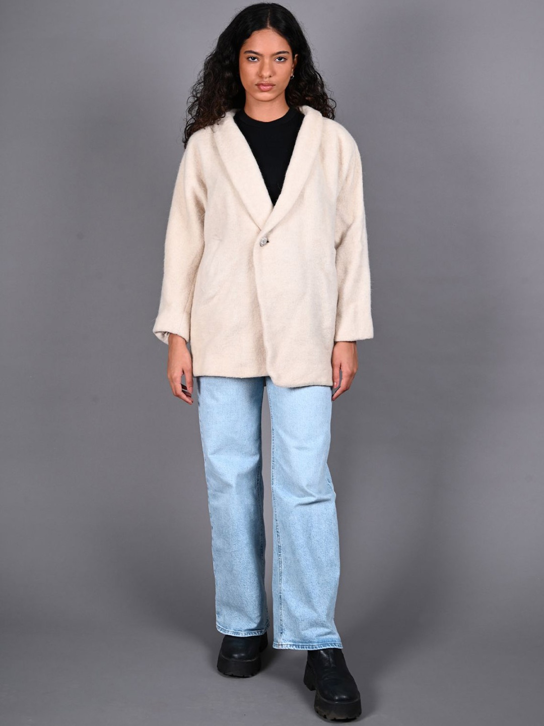 

ODETTE Women Geometric Striped Woollen Windcheater and Water Resistant Longline Tailored Jacket, Off white