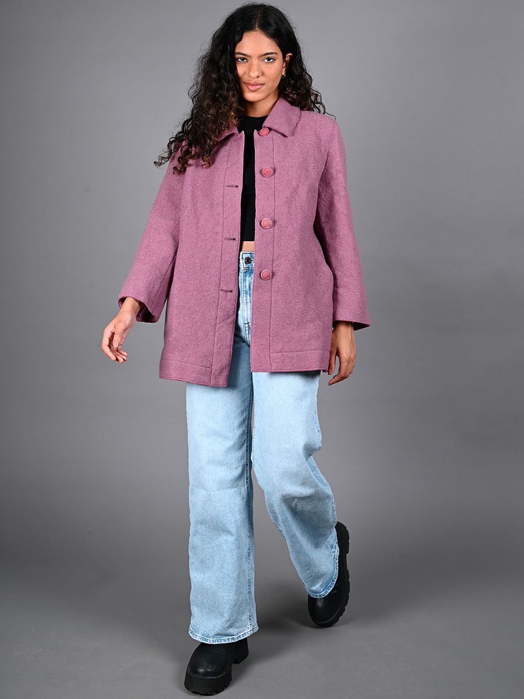 

ODETTE Women Washed Woollen Windcheater and Water Resistant Longline Duster Jacket, Mauve