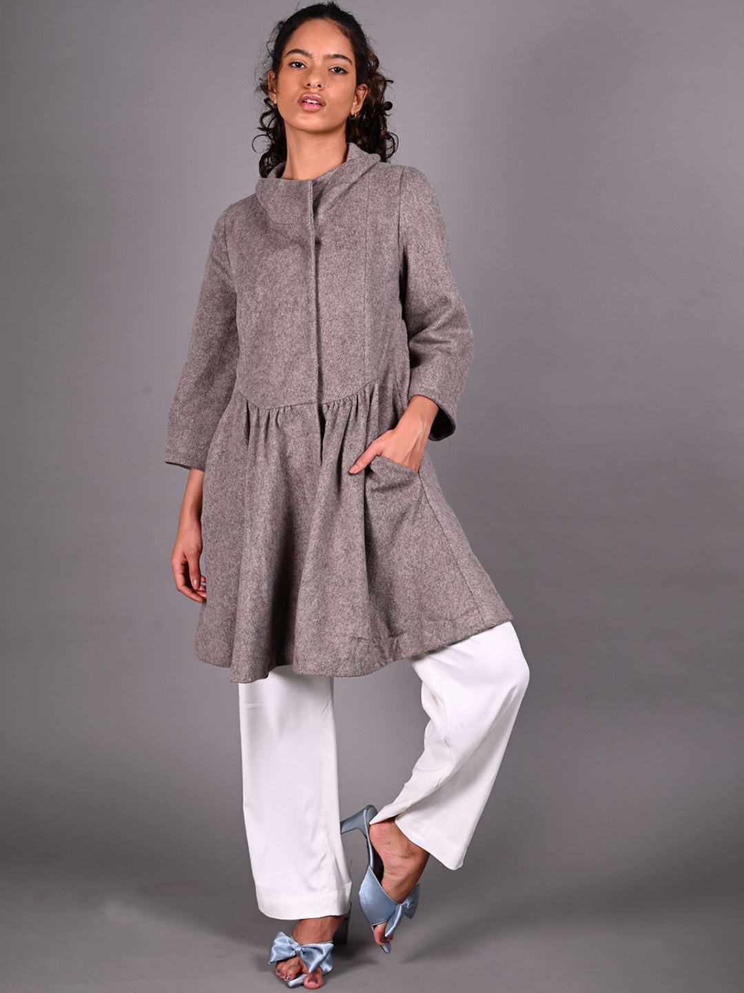 

ODETTE Women Woollen Windcheater and Water Resistant Longline Tailored Jacket, Grey