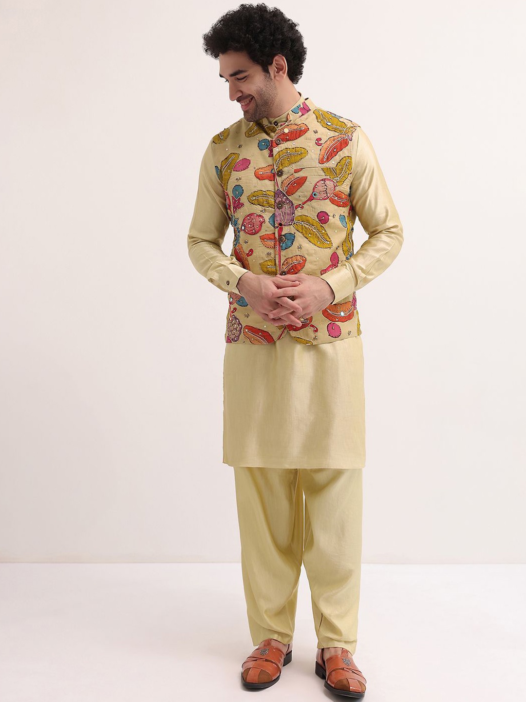 

KALKI Fashion Men Regular Kurta With Salwar & Nehru jacket, Beige