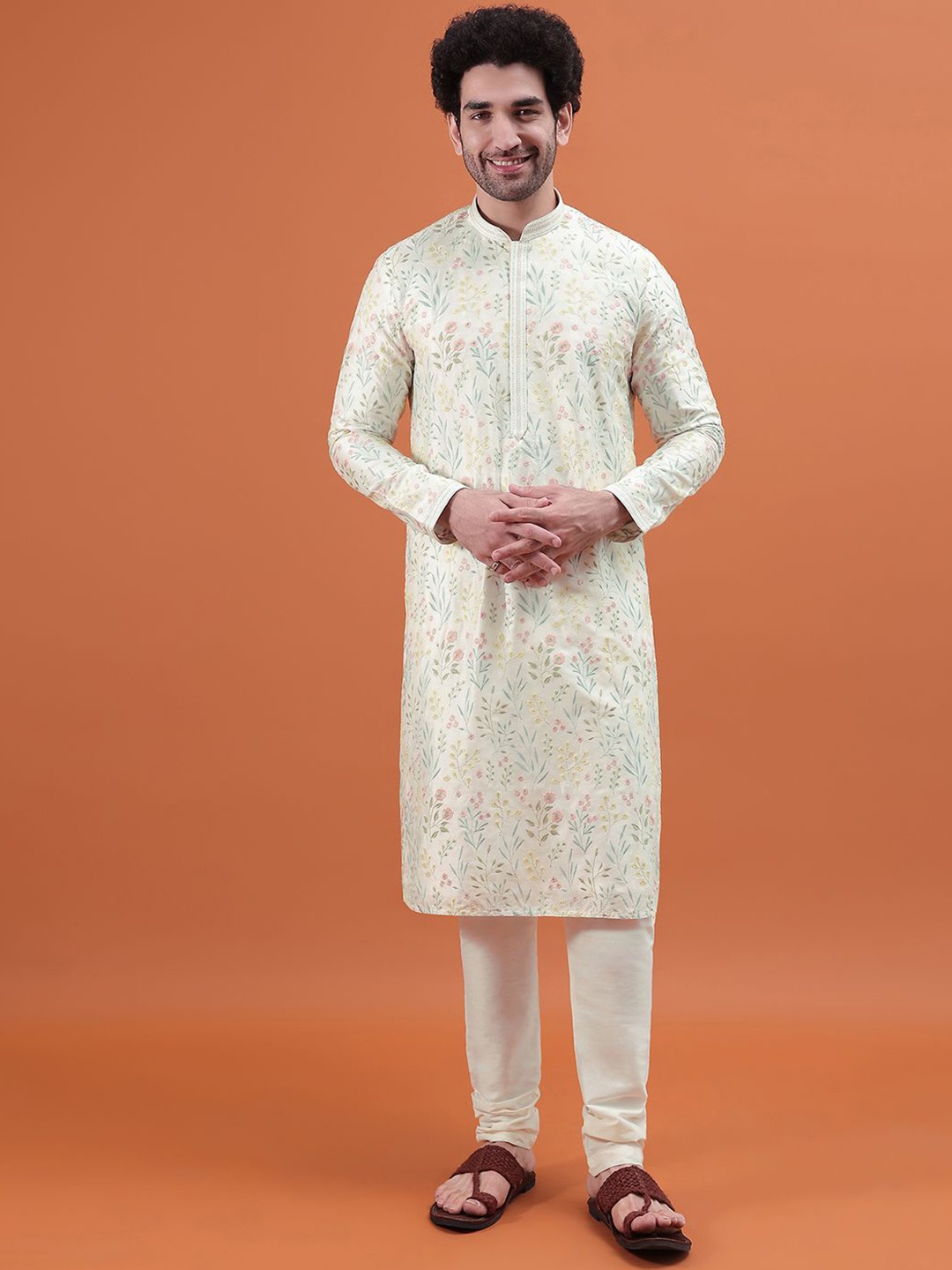 KALKI Fashion Men Floral Printed Regular Kurta with Churidar, White