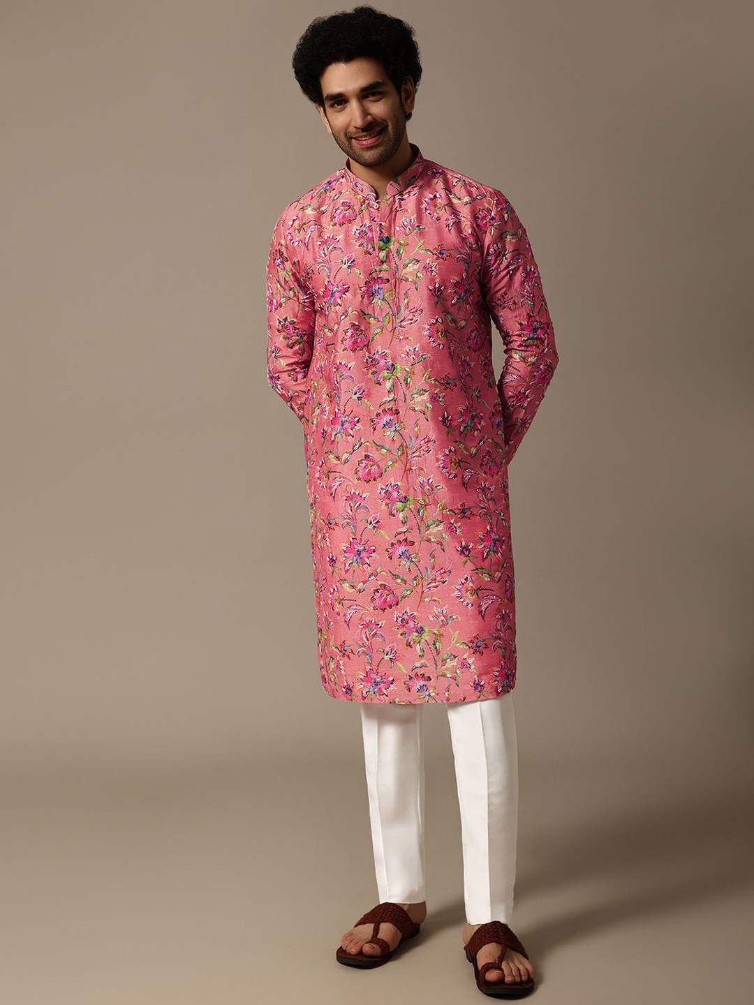 

KALKI Fashion Men Floral Printed Regular Kurta with Trousers, Pink