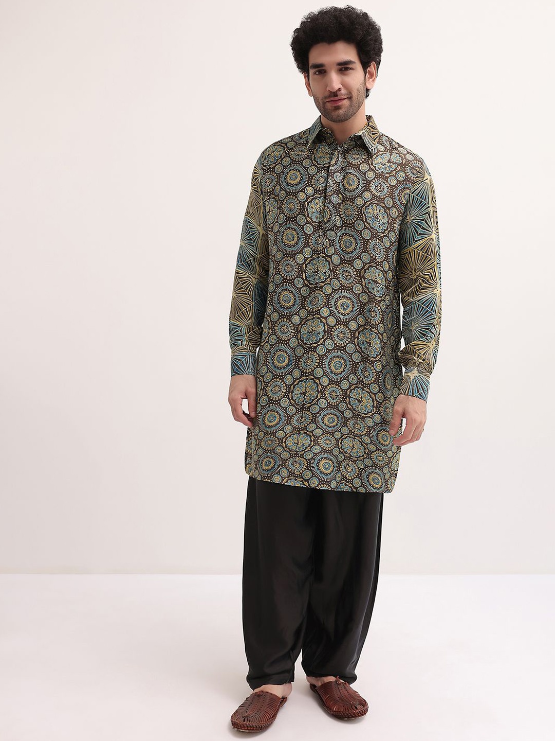 

KALKI Fashion Men Ethnic Motifs Printed Regular Kurta With Salwar, Brown