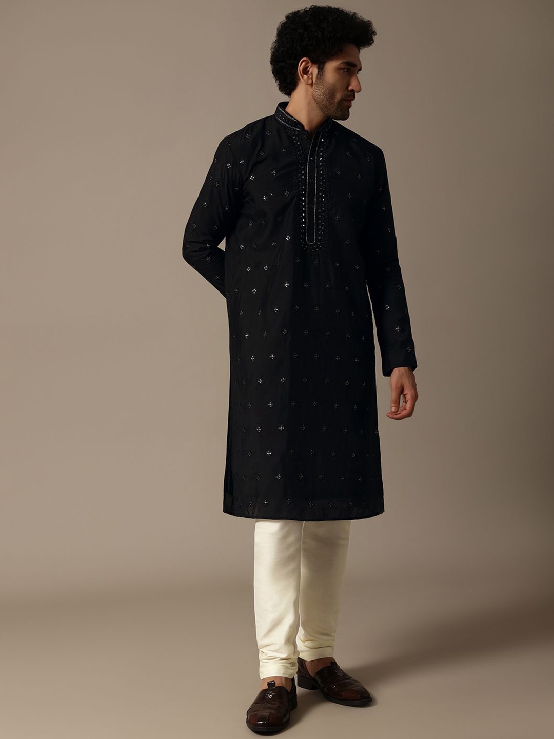 

KALKI Fashion Men Embroidered Regular Sequinned Kurta with Trousers, Black