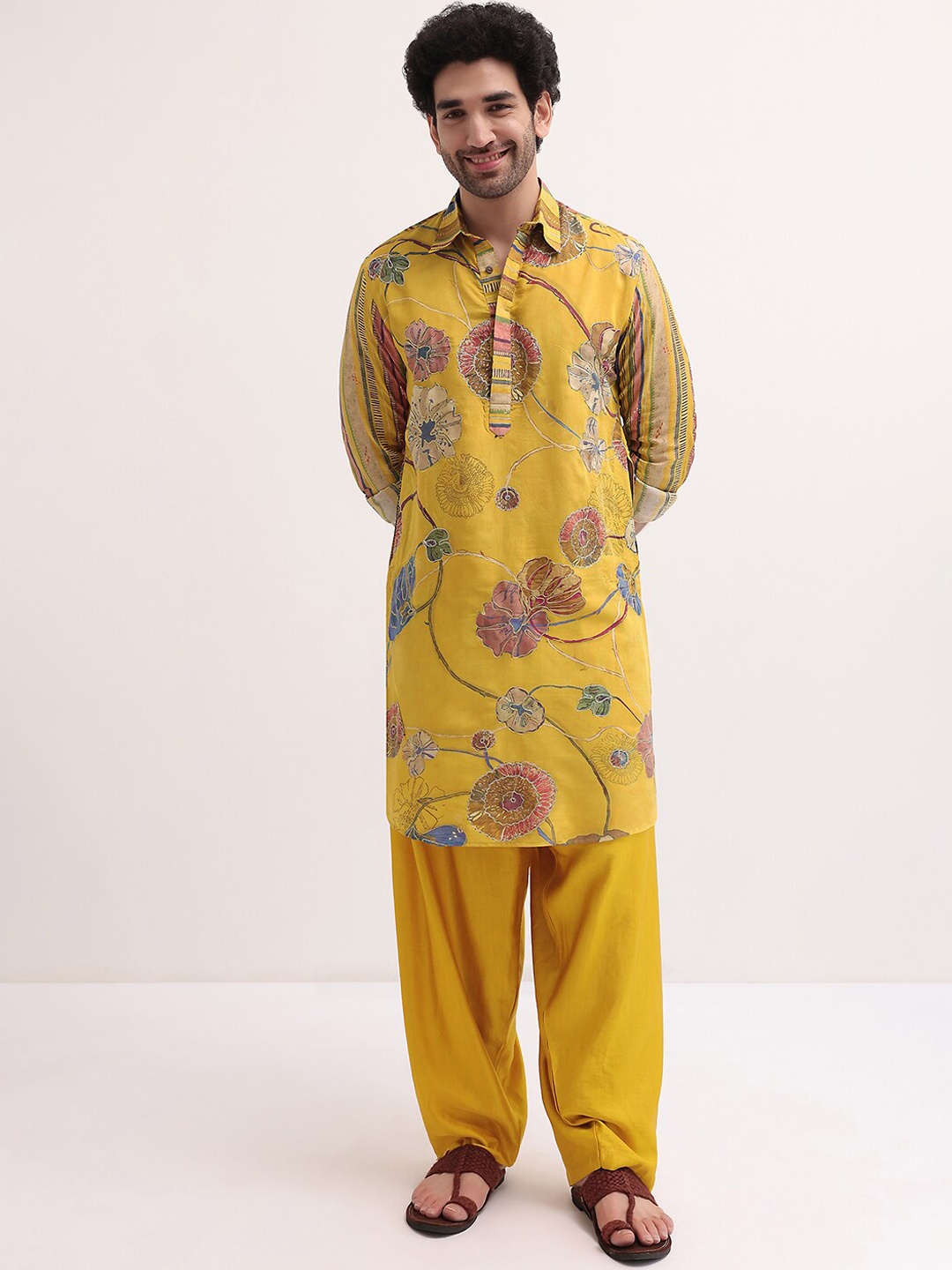 

KALKI Fashion Men Floral Printed Regular Kurta With Salwar, Yellow