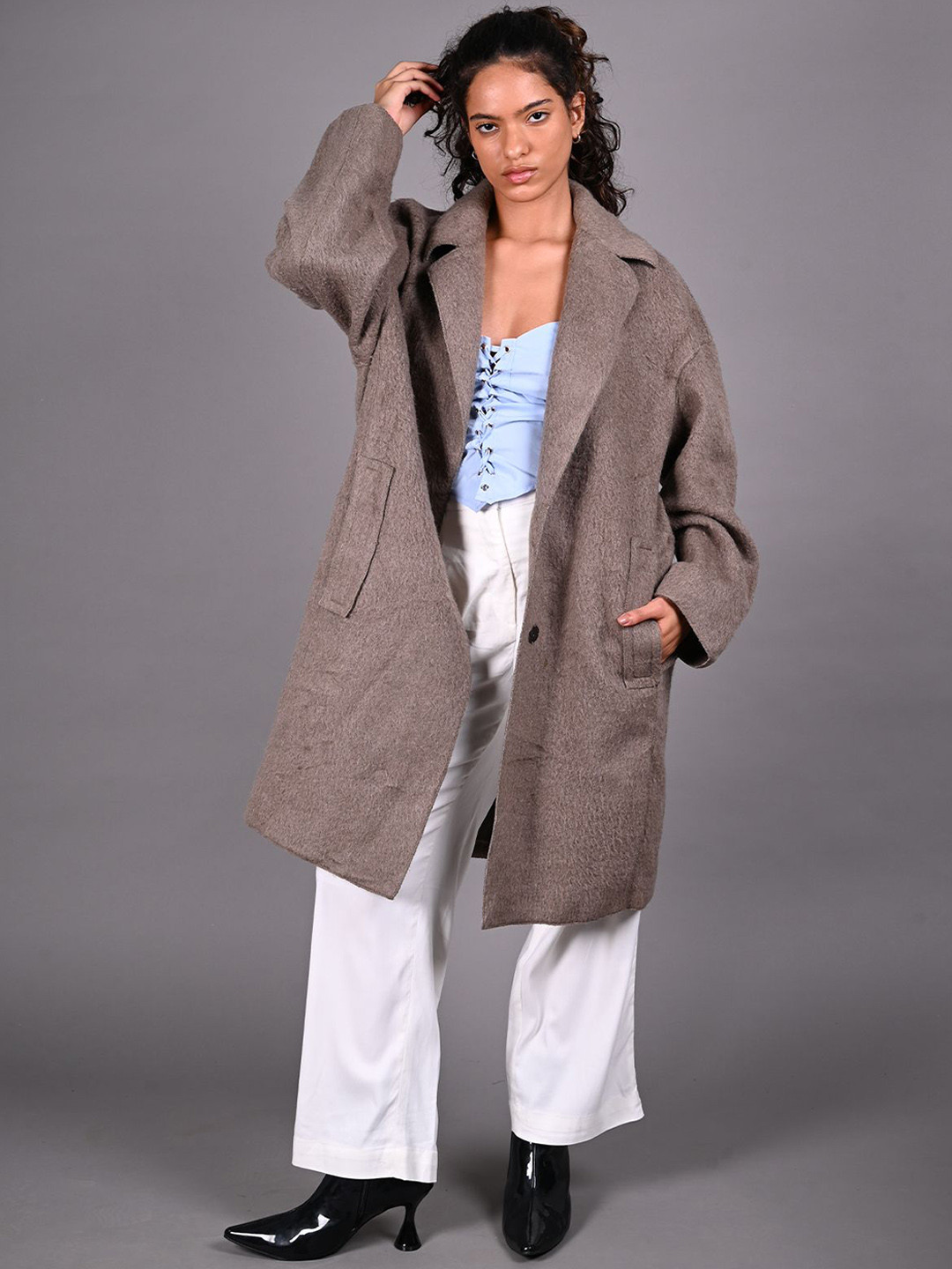 

ODETTE Women Woollen Windcheater and Water Resistant Longline Open Front Jacket, Grey
