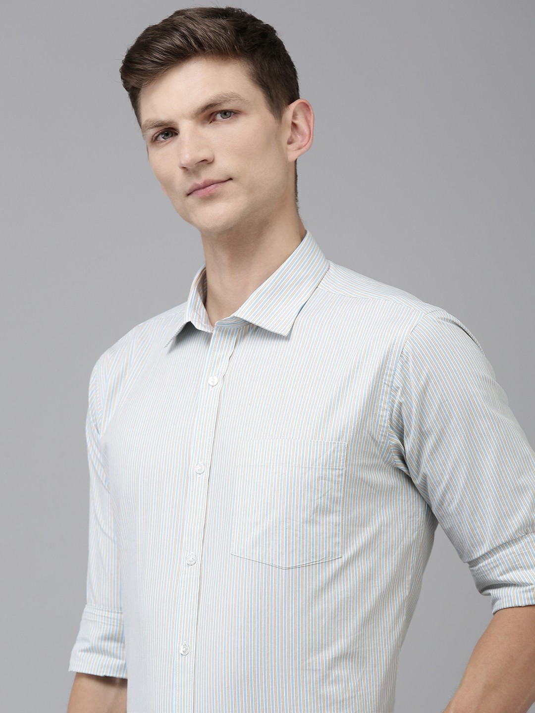 

Park Avenue Pure Cotton Slim Fit Opaque Striped Formal Shirt, Blue