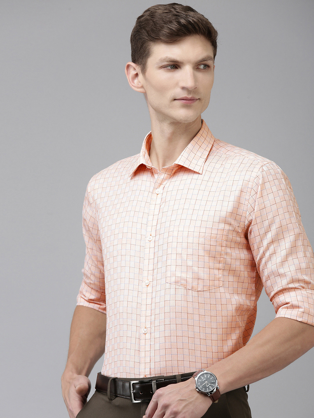 

Park Avenue Slim Fit Grid Tattersall Checks Formal Shirt, Peach