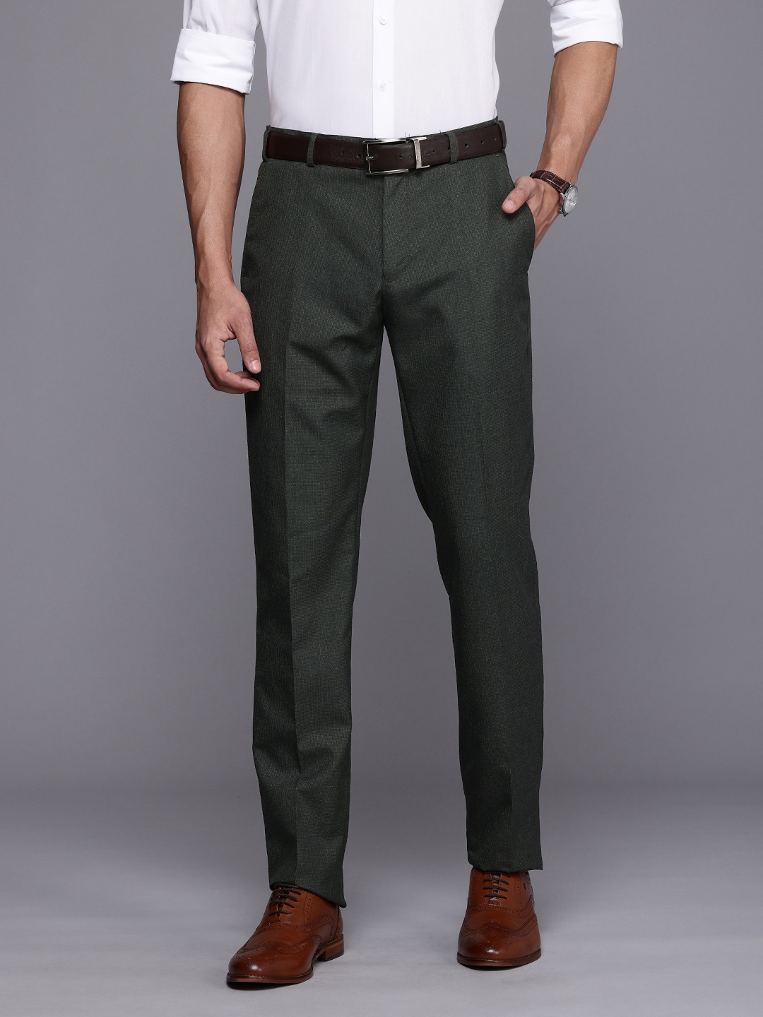 

Raymond Men Textured Slim Fit Formal Trousers, Green