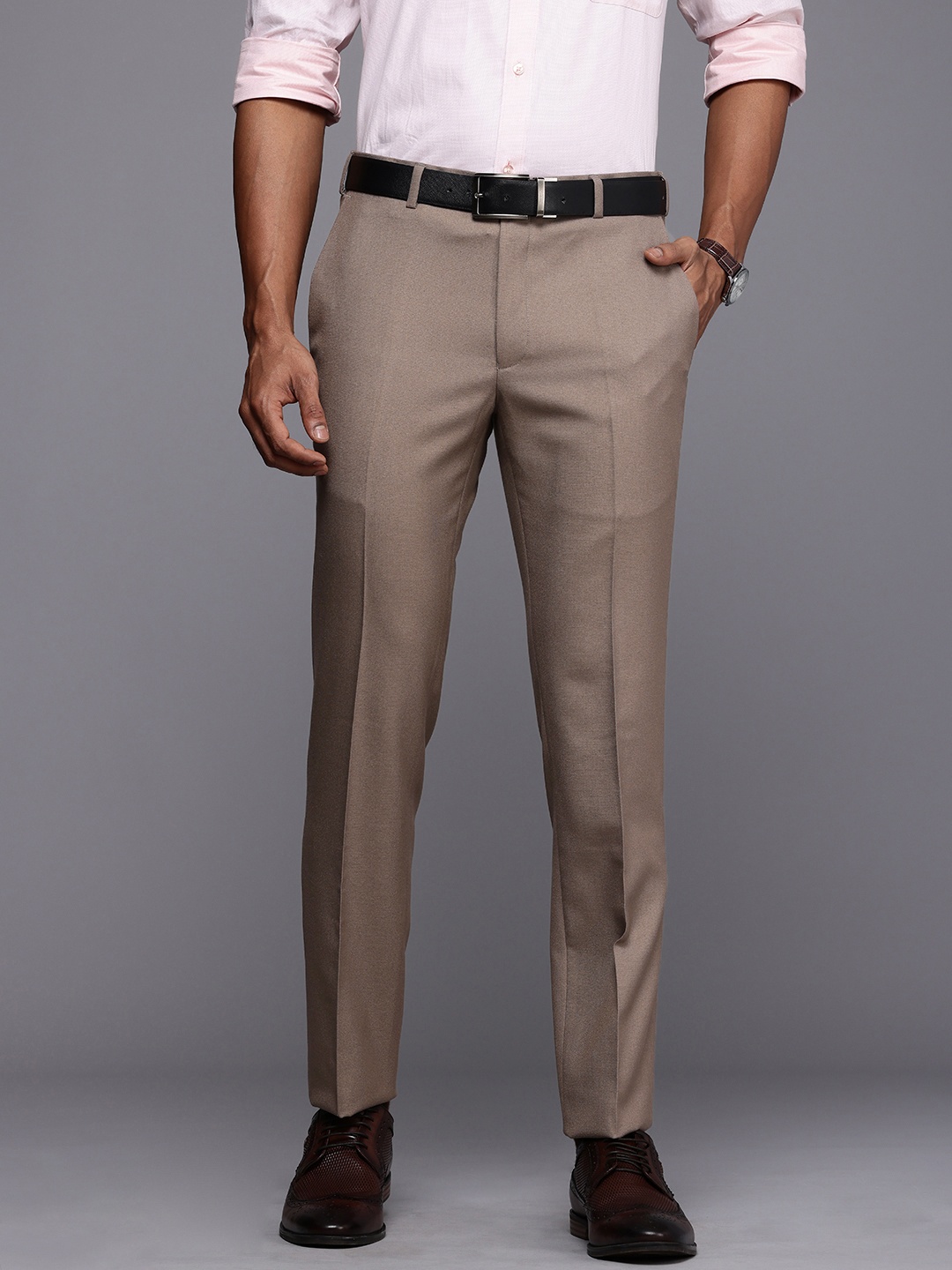 

Raymond Men Slim Fit Pleated Formal Trousers, Beige