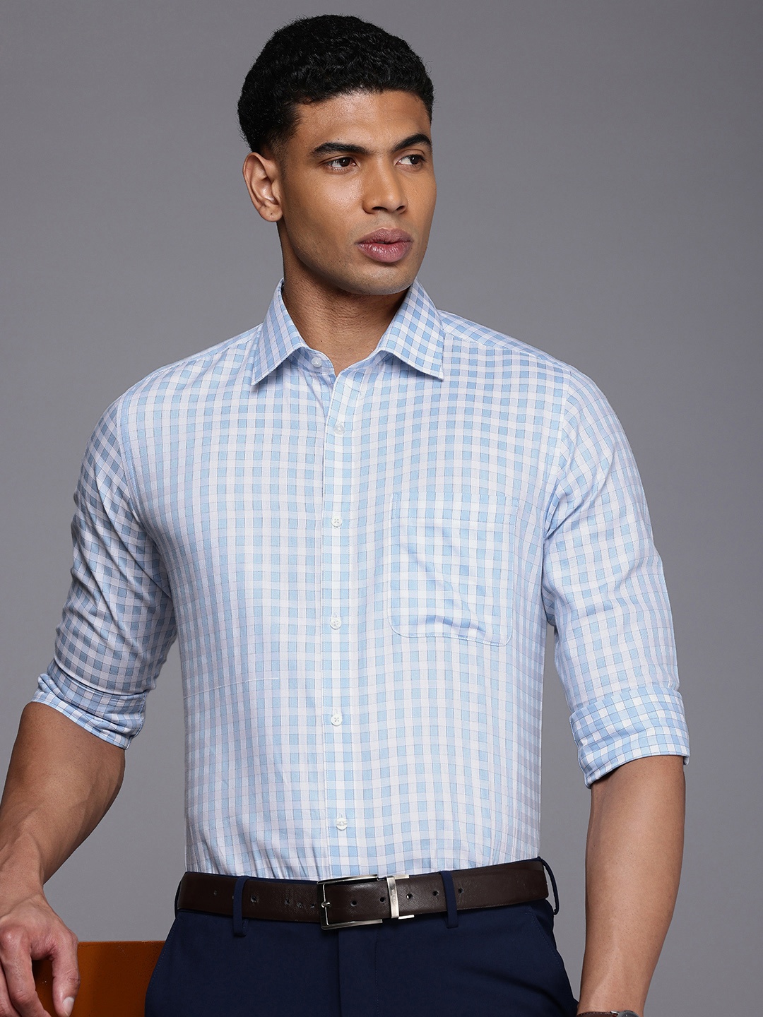 

Raymond Pure Cotton Slim Fit Gingham Checks Opaque Formal Shirt, Blue