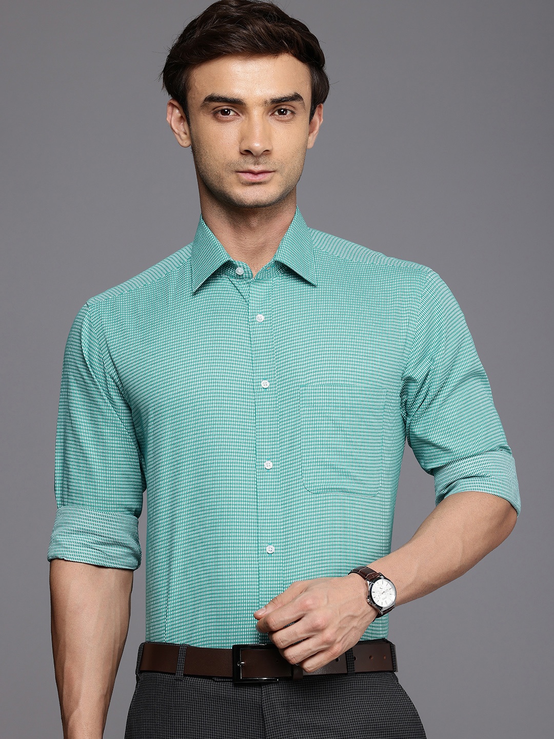 

Raymond Slim Fit Textured Cutaway Collar Pure Cotton Formal Shirt, Green