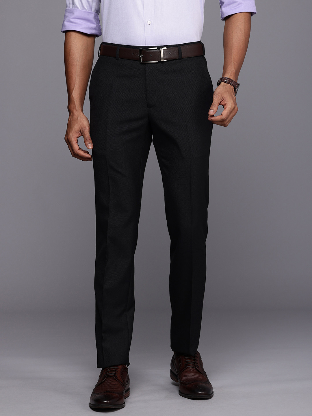 

Raymond Men Slim Fit Pleated Formal Trousers, Black