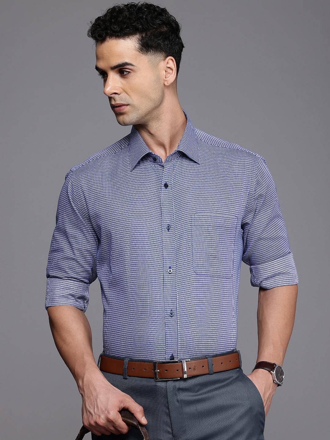 

Raymond Self Design Slim Fit Opaque Pure Cotton Formal Shirt, Blue