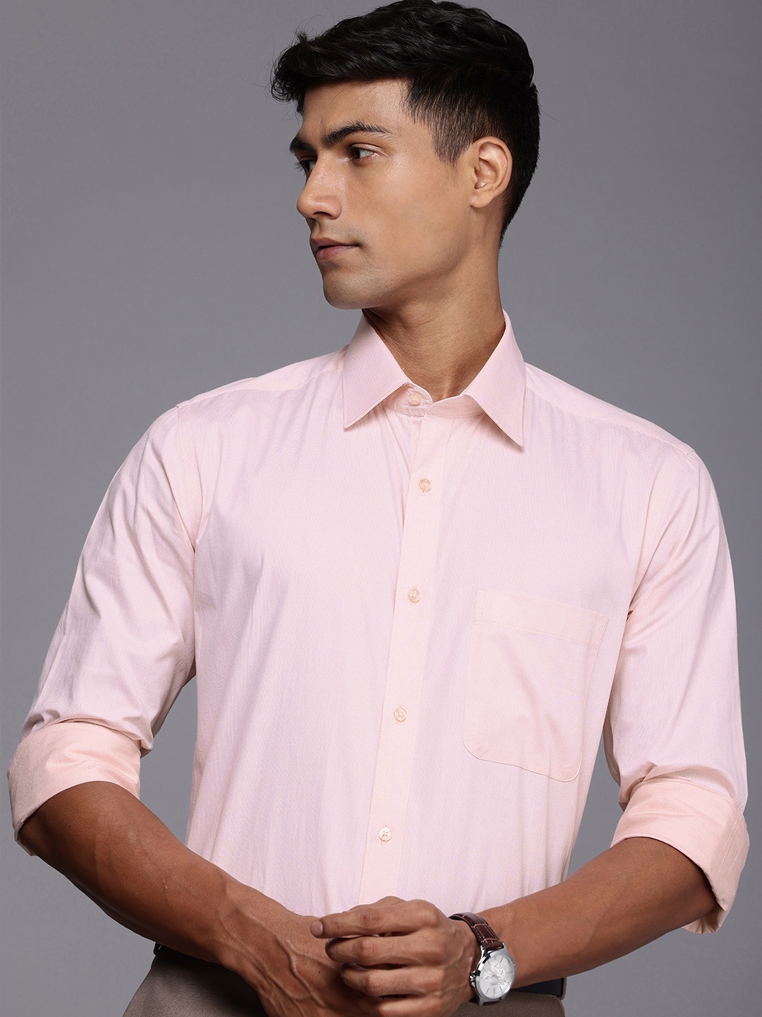 

Raymond Pure Cotton Self Design Textured Standard Fit Formal Shirt, Pink