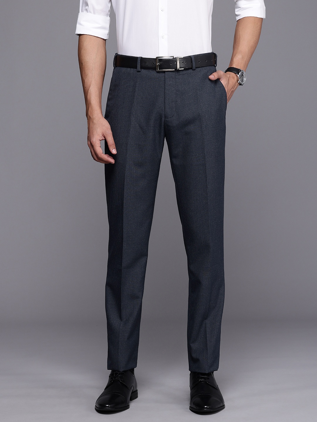 

Raymond Men Checked Slim Fit Formal Trousers, Charcoal