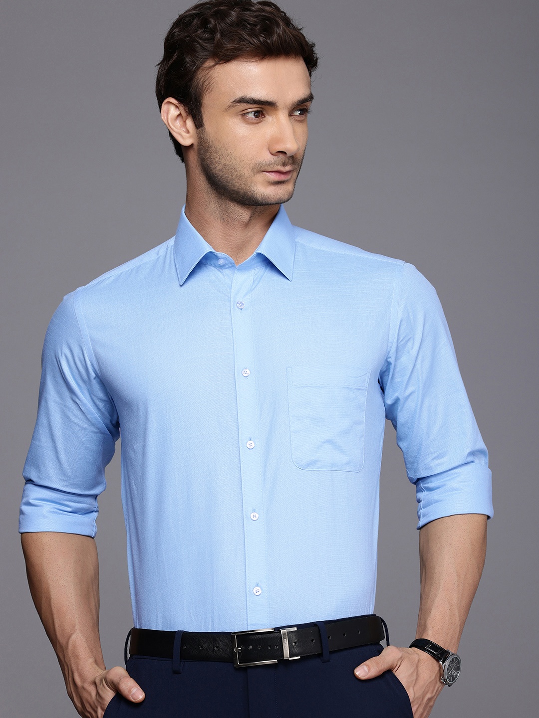 

Raymond Pure Cotton Self Design Textured Standard Slim Fit Opaque Formal Shirt, Blue