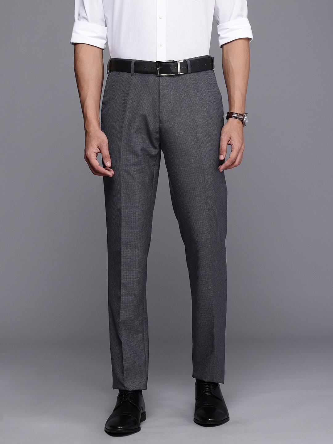 

Raymond Men Self Design Textured Slim Fit Formal Trousers, Grey