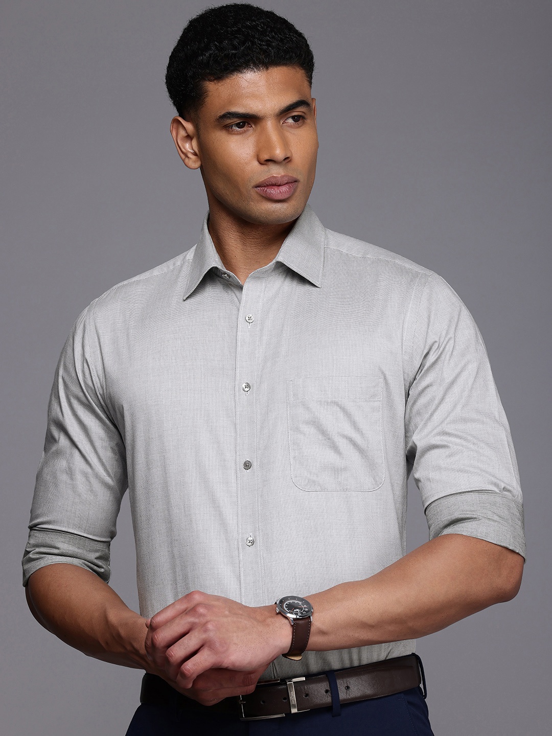 

Raymond Pure Cotton Self Design Textured Standard Slim Fit Opaque Formal Shirt, Grey