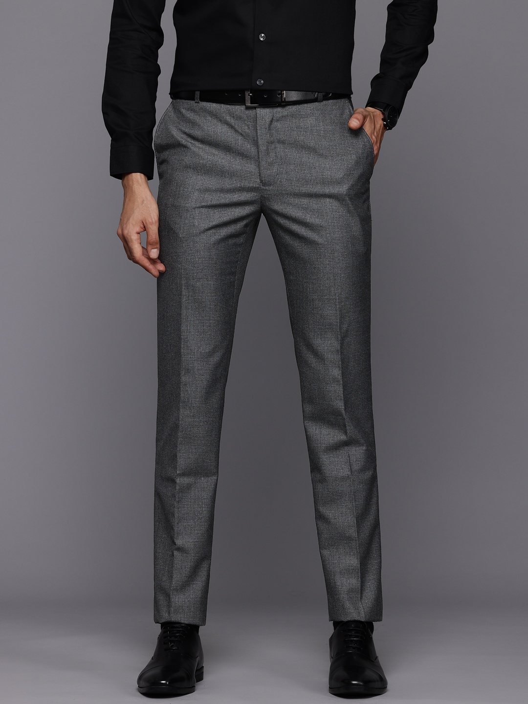 

Raymond Men Checked Slim Fit Formal Trousers, Grey