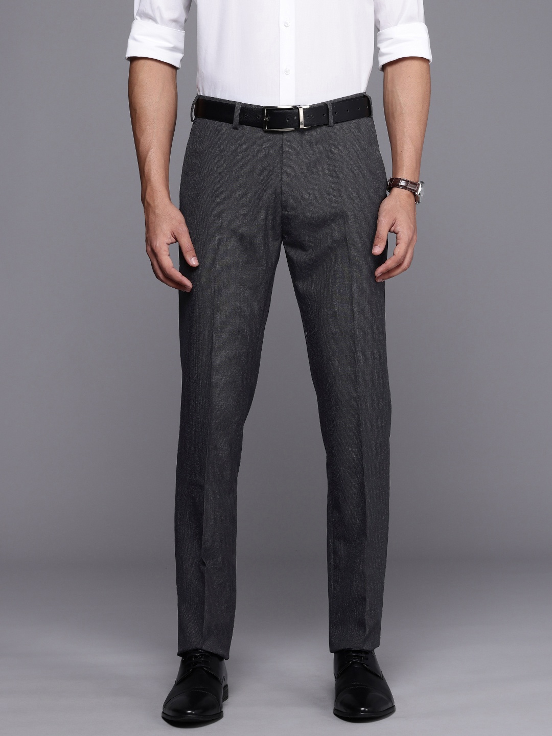 

Raymond Men Checked Slim Fit Formal Trousers, Charcoal
