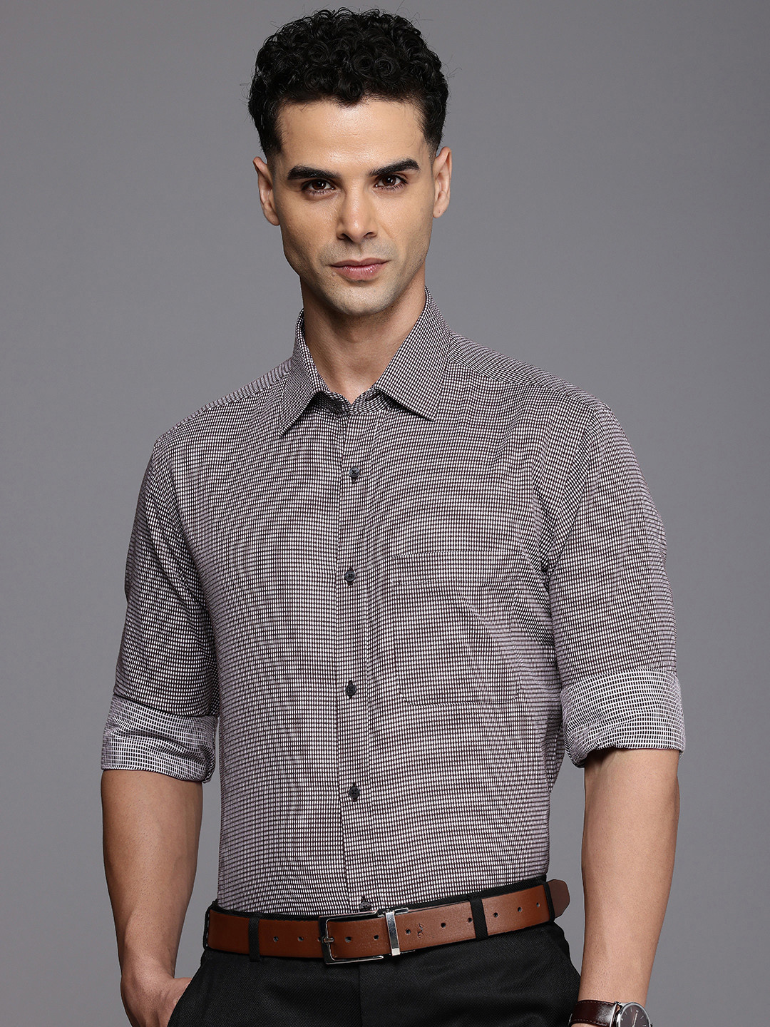 

Raymond Slim Fit Textured Cutaway Collar Pure Cotton Formal Shirt, Brown