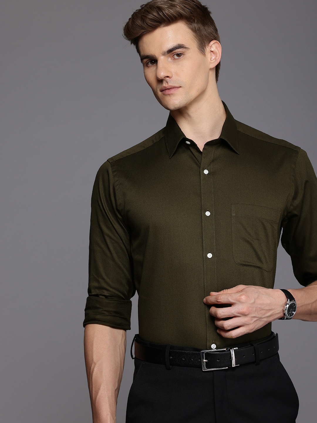 

Raymond Slim Fit Textured Pure Cotton Formal Shirt, Olive