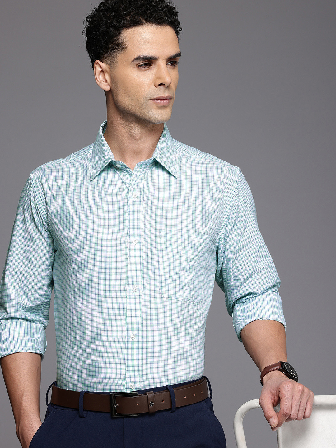 

Raymond Slim Fit Grid Tattersall Checks Pure Cotton Formal Shirt, Blue