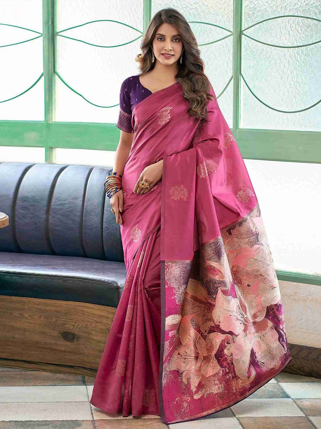 

bansari textiles Woven Design Zari Kanjeevaram Saree, Peach