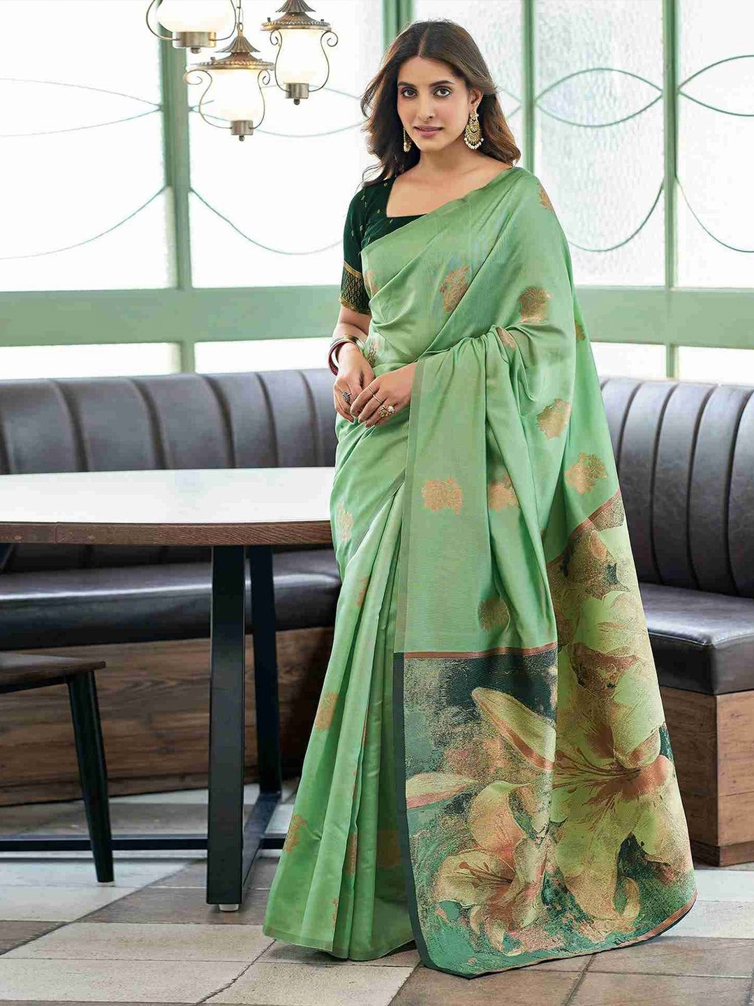 

bansari textiles Woven Design Zari Kanjeevaram Saree, Green