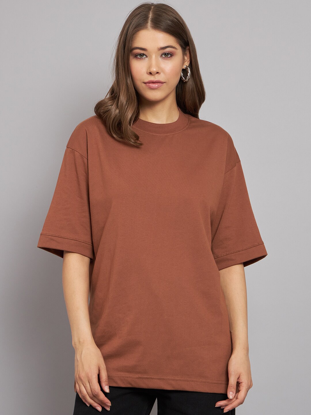 

R Cube Women Solid Round Neck Cotton T-shirt, Brown