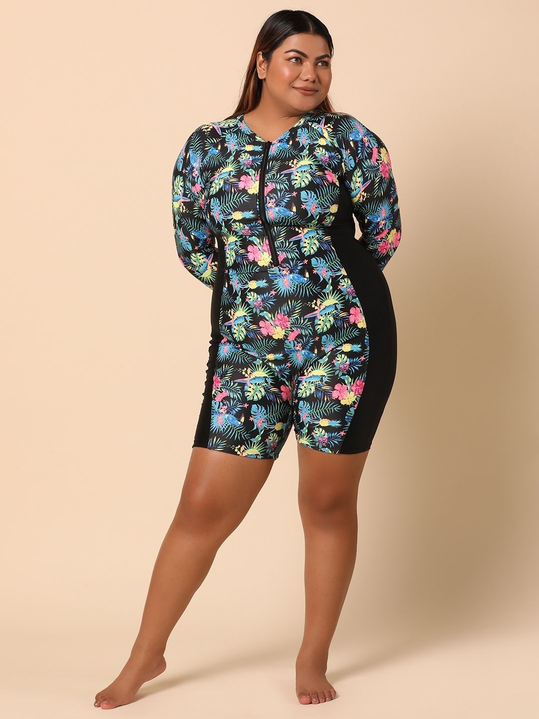 

WomanLikeU Tropical Printed Long Sleeve Leg suit, Black