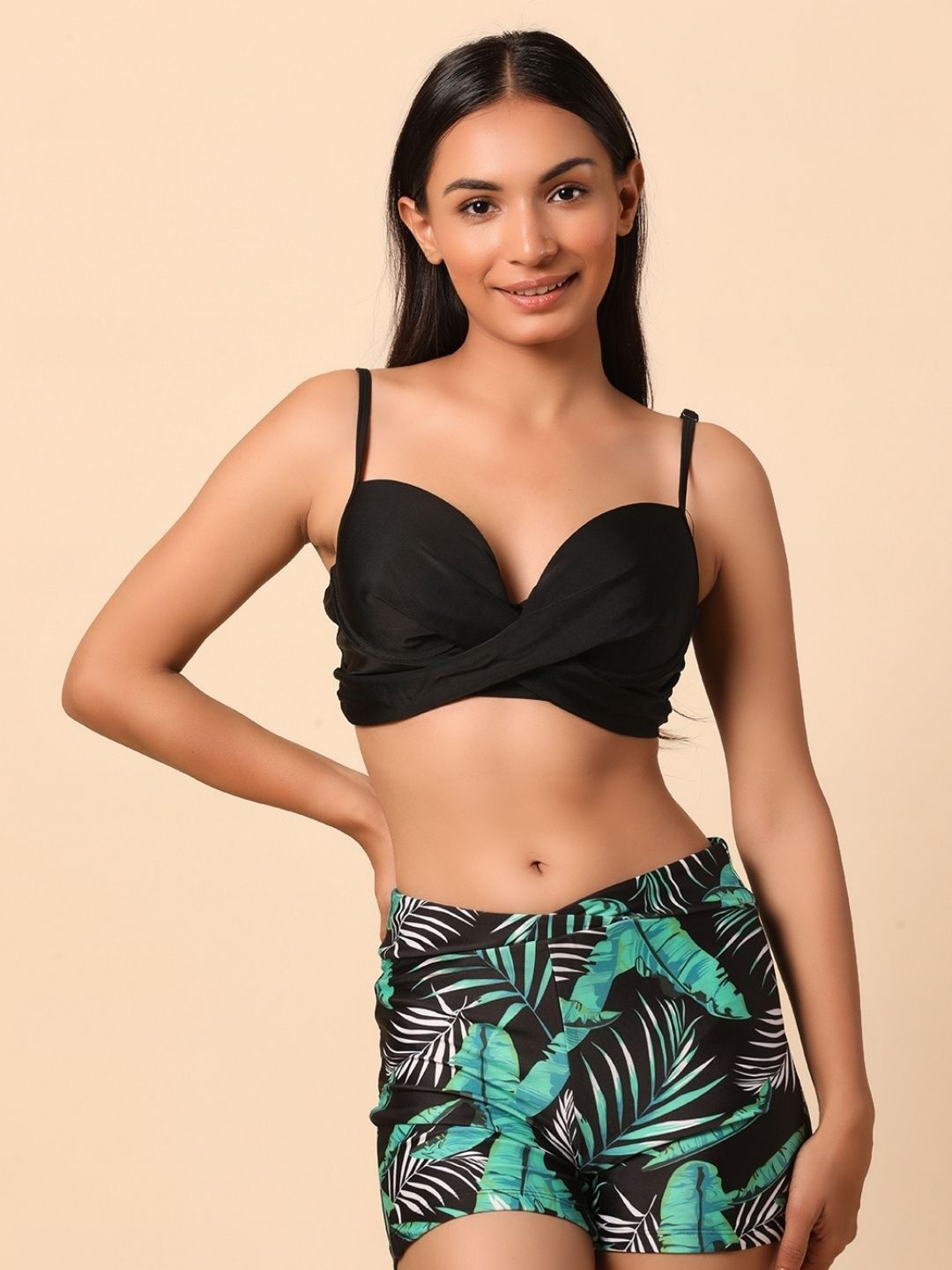 

WomanLikeU Tropical Printed Shoulder Straps Swim Bikini Set, Black