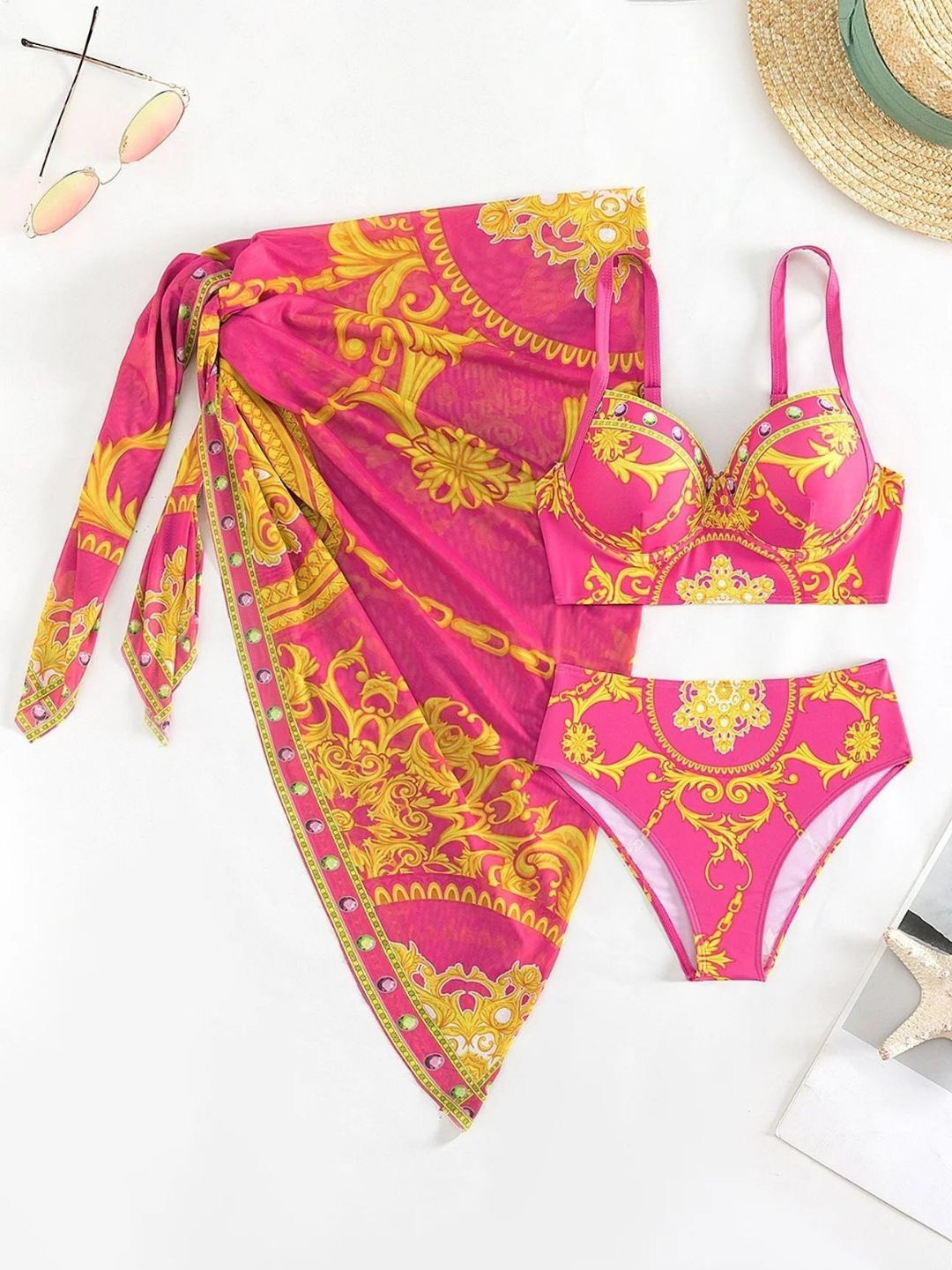 

WomanLikeU Ethnic Printed Bikini Set With Sarong, Pink