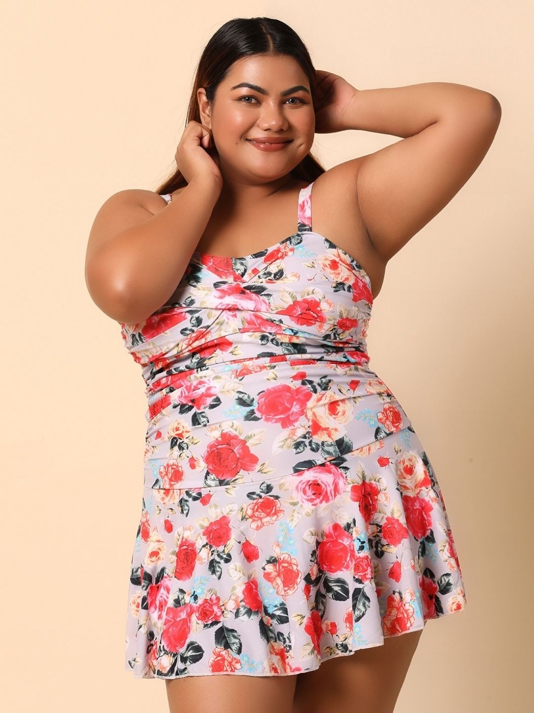 

WomanLikeU Floral Printed Shoulder Straps Swimming Dress, Off white