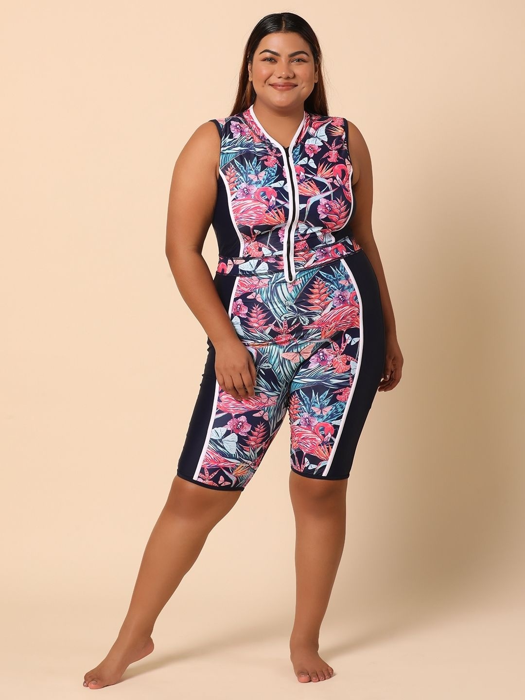 

WomanLikeU Tropical Printed Knee Length Padded Legsuit, Navy blue