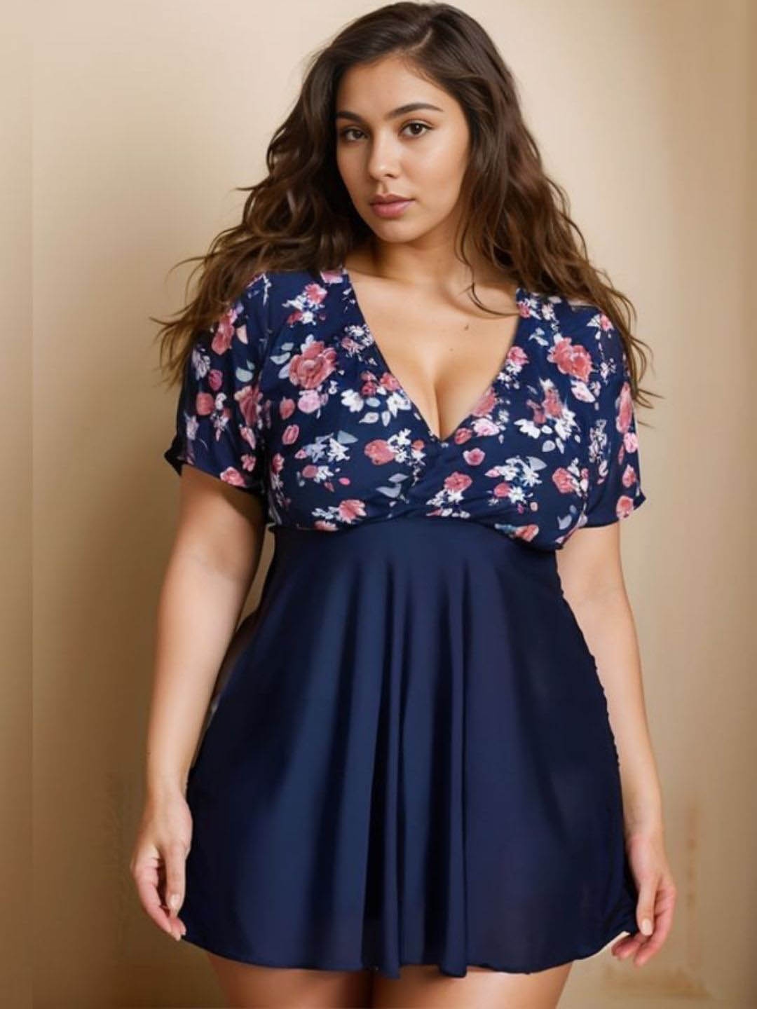 

WomanLikeU Plus Size Floral Printed Swim Dress, Navy blue